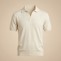 Illustrative image of an ivory men's knit polo shirt on a beige background