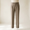 AI-generated illustration of men's beige tailored trousers against an off-white background