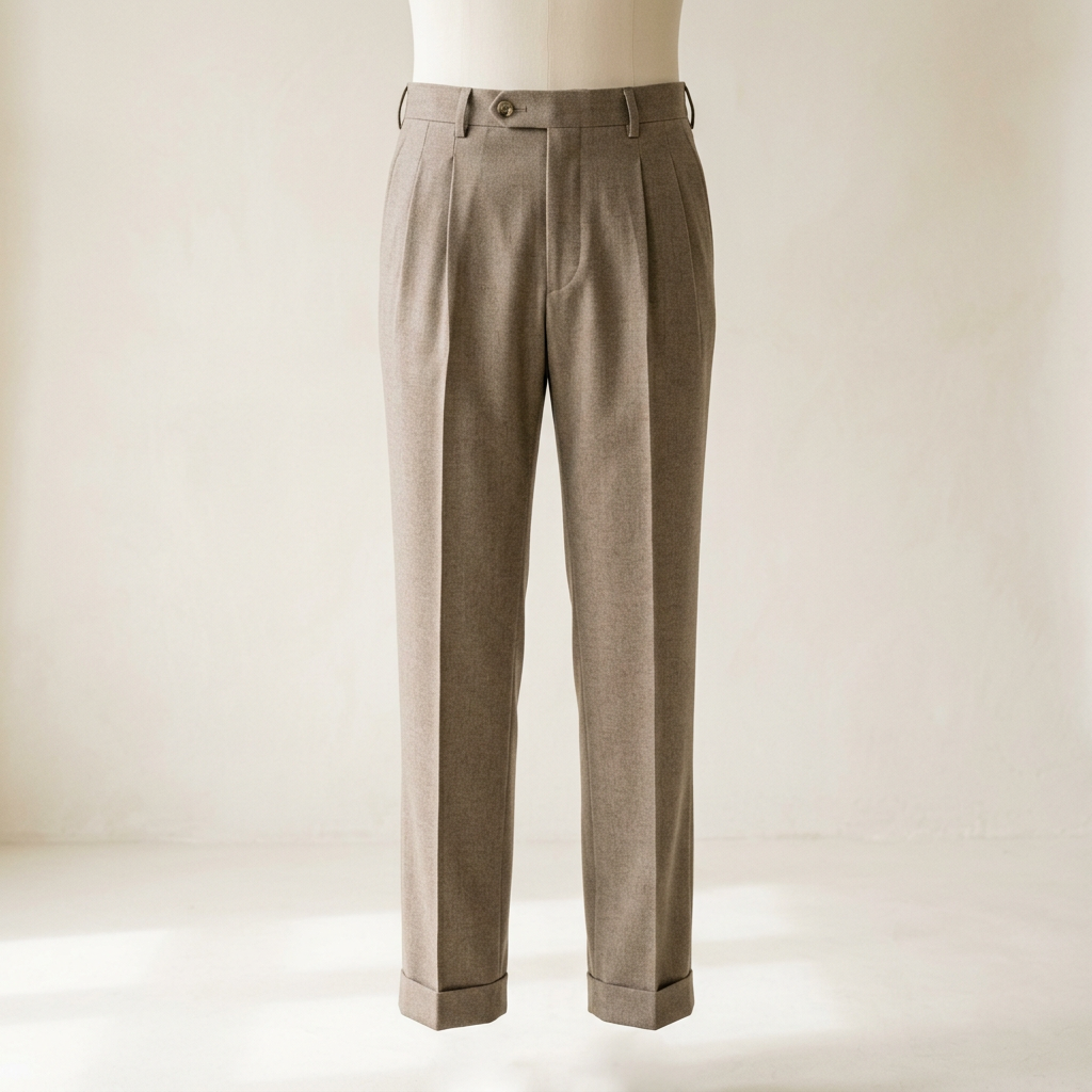 AI-generated illustration of men's beige tailored trousers against an off-white background