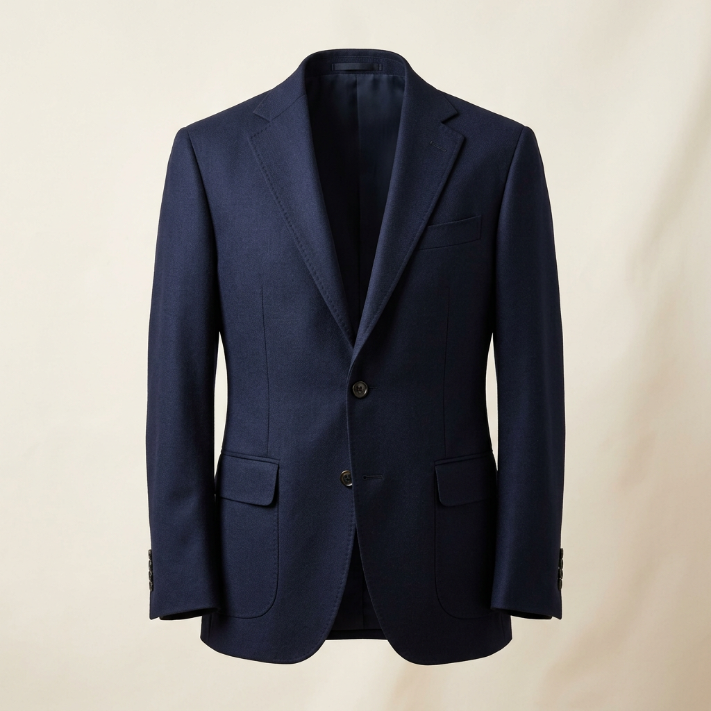 AI-generated illustration of a men's navy blazer against an off-white background