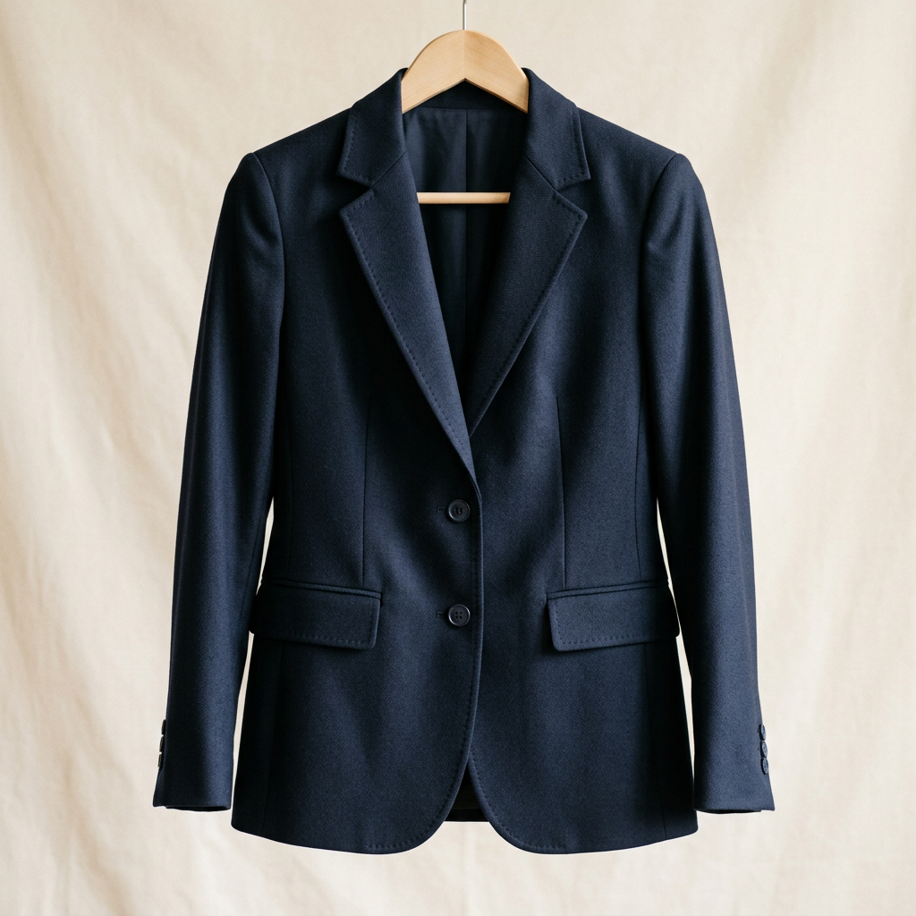 AI-generated illustration of a women's navy blue blazer on an off-white background