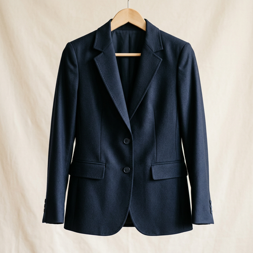 AI-generated illustration of a women's navy blue blazer on an off-white background