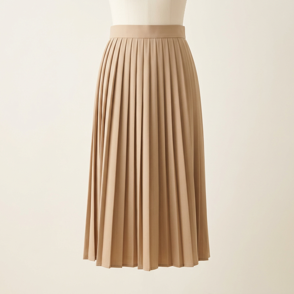 AI-generated illustration of a women's beige midi skirt against an off-white background