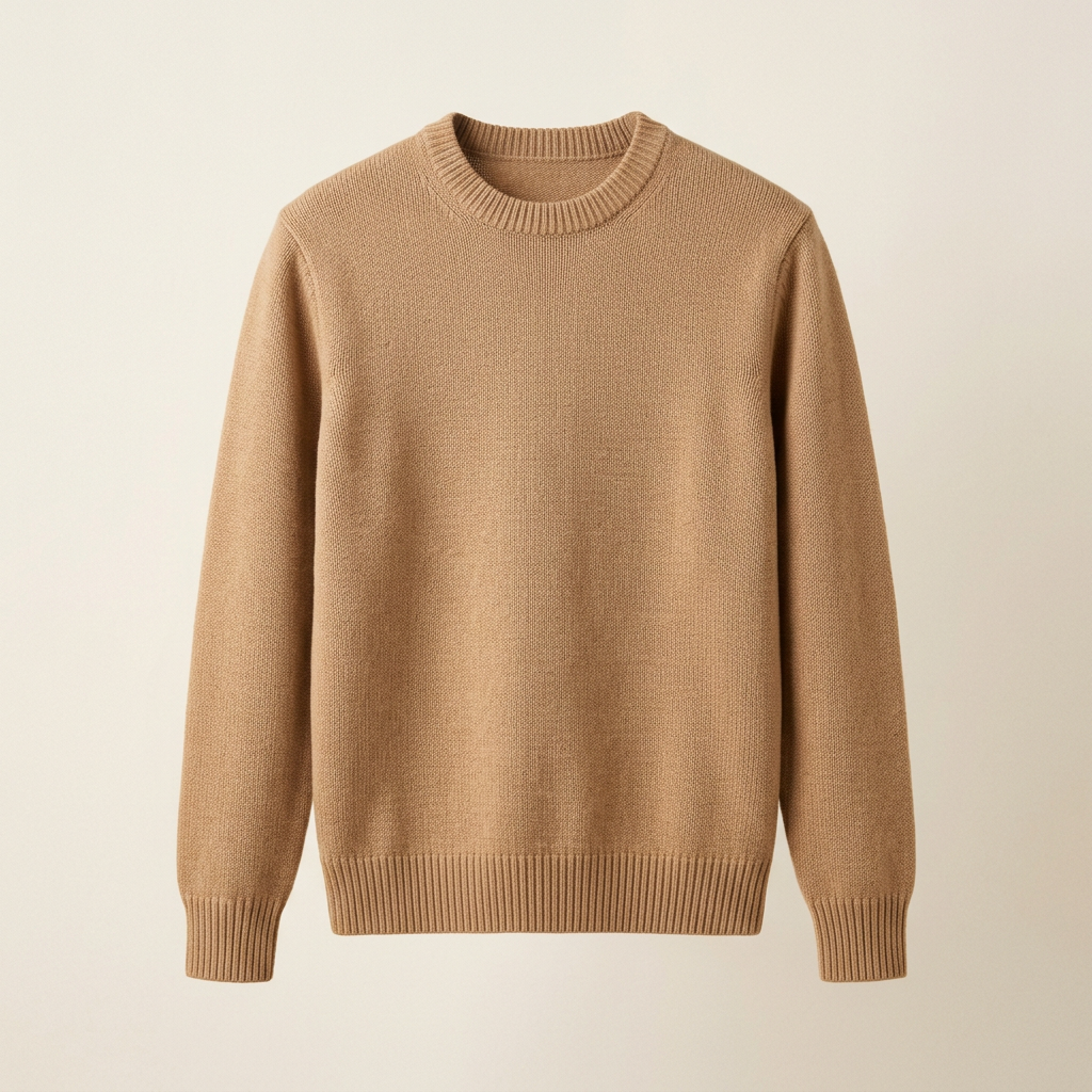 AI-generated illustration of a men's camel sweater against an off-white background