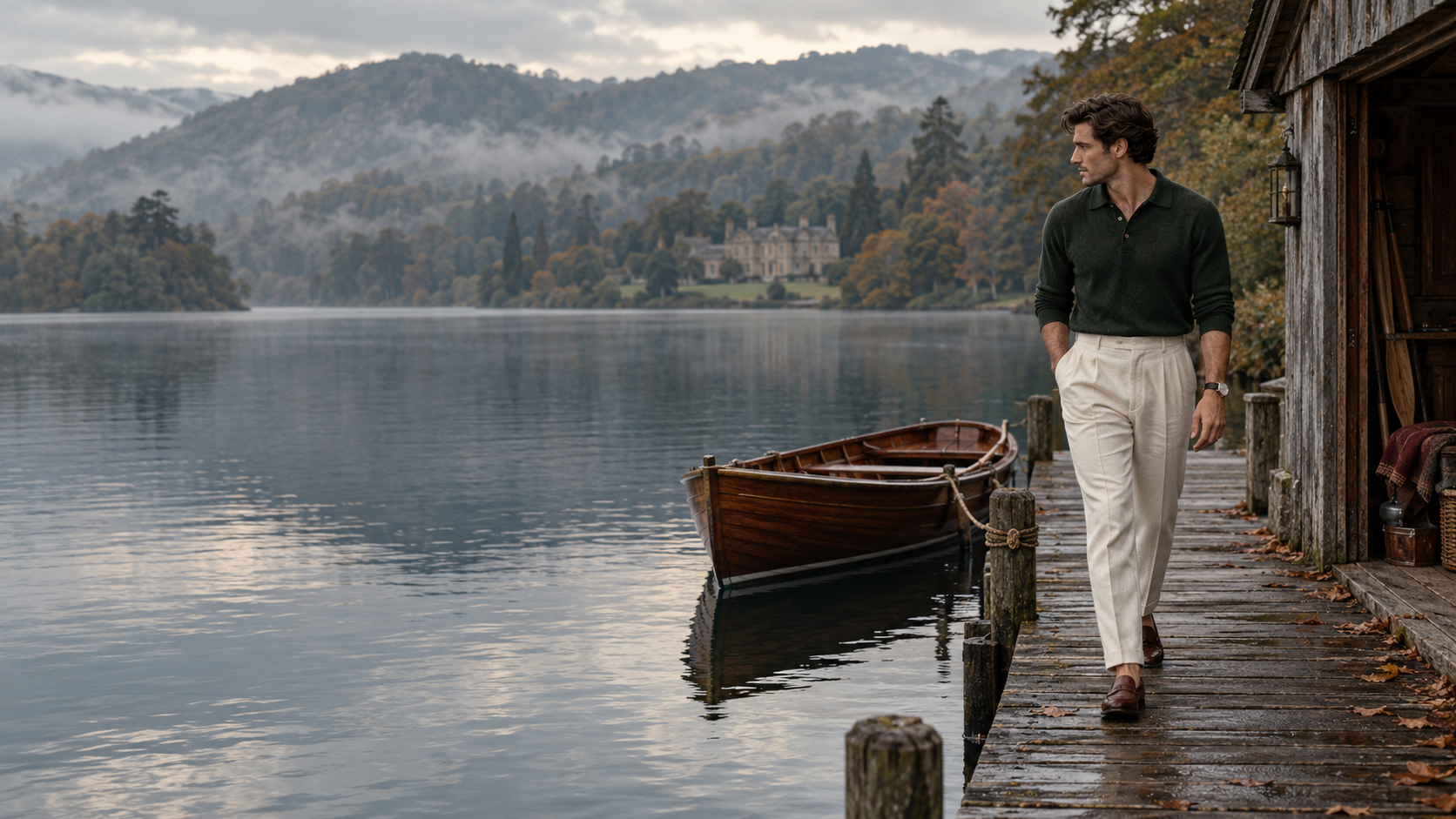 Valenmere lakeside menswear at an English boathouse